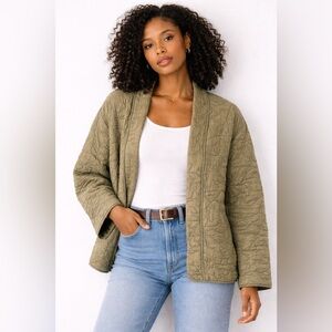 Boho Vintage Anthropologie Quilted‎ Open Jacket Olive Green Medium Cabincore